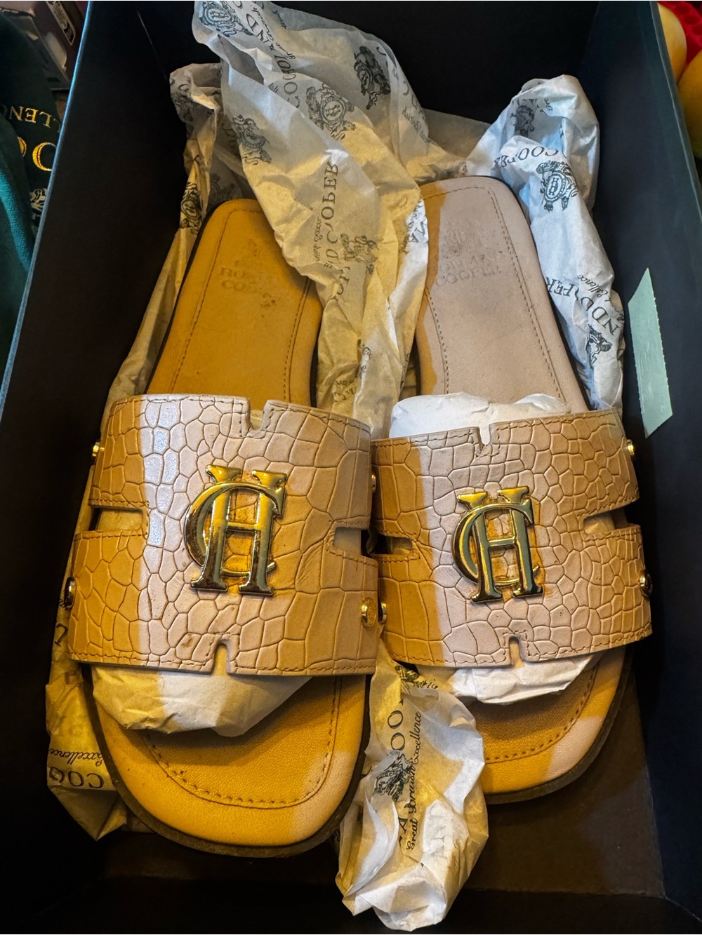 Holland Cooper Dusty Pink Croc-Embossed Slide Sandals with Gold Logo